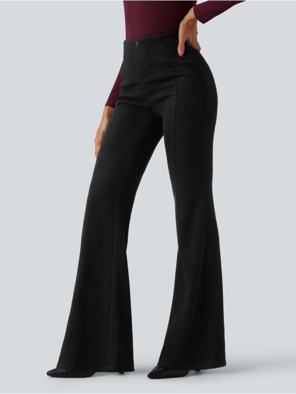 NEW Halara Ribbed High Waisted Tummy Control Casual Flare Pants Black
